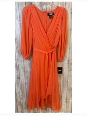 DKNY Orange Faux Wrap Midi Dress
